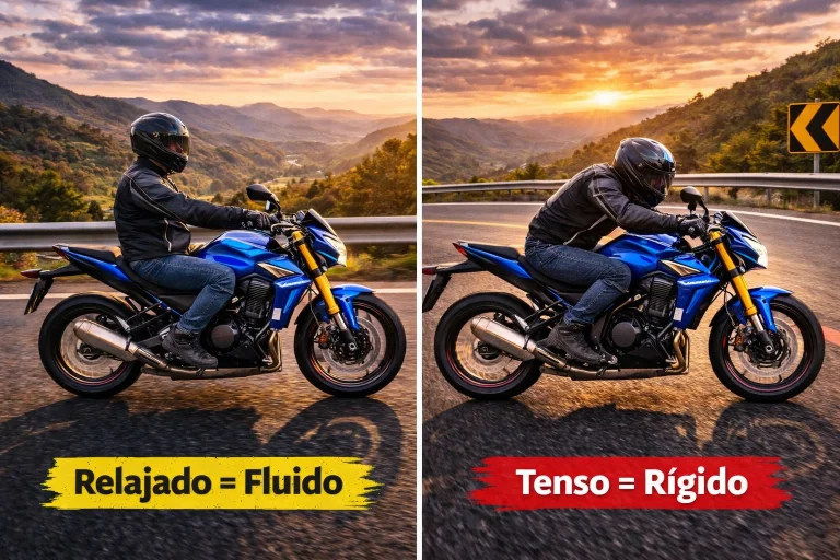 comparación postura relajada vs rígida en moto en curva mostrando impacto en la fluidez de conducción