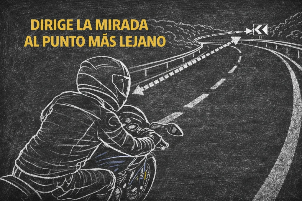 mirada en curva en moto dirigida hacia la salida mostrando anticipación y fluidez en la conducción