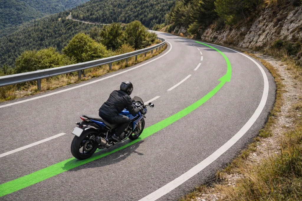 trazada progresiva en curva en moto mostrando entrada exterior vértice tardío y salida abierta para mejorar la fluidez