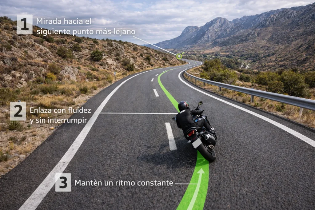 motorista enlazando curvas con continuidad en la conducción mostrando fluidez y coordinación de técnicas en moto