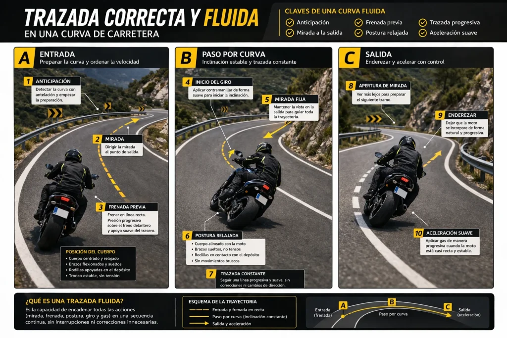 proceso completo de trazada en curva en moto mostrando anticipación mirada frenada contramanillar postura y aceleración progresiva