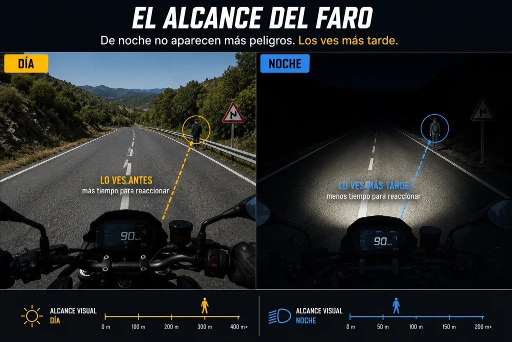 alcance del faro de una moto de noche mostrando la zona iluminada y la limitación de visibilidad