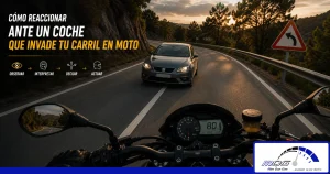 coche invade el carril de una moto en carretera y el motorista anticipa el peligro