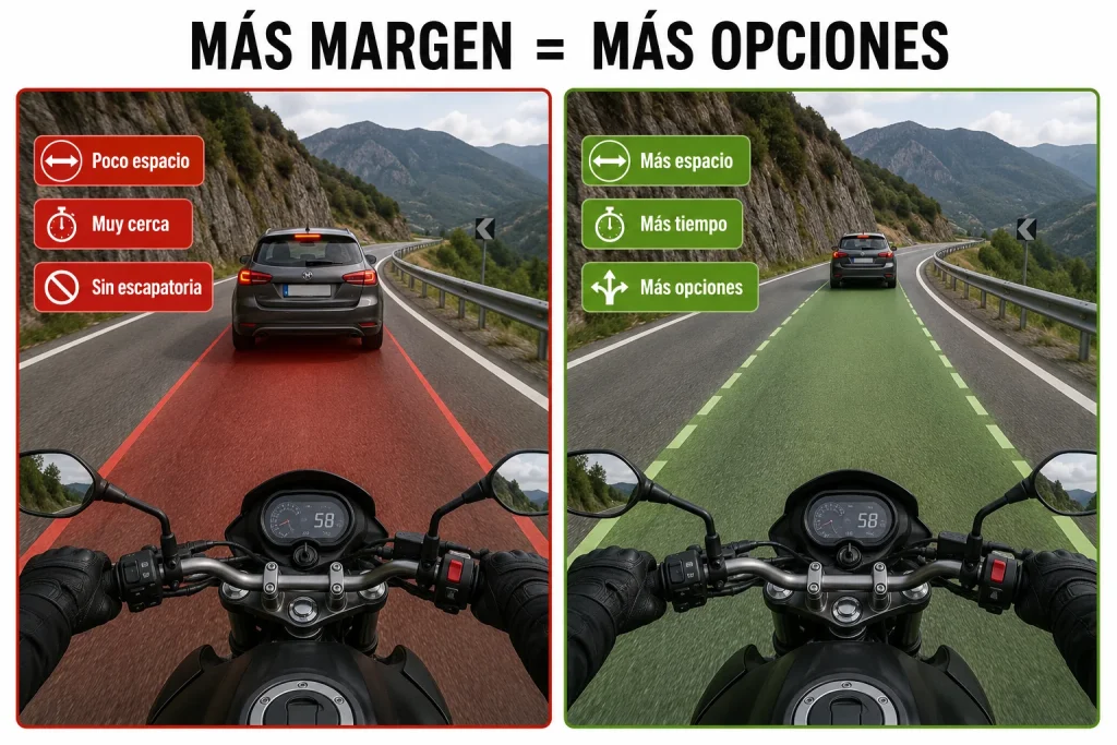 comparativa del margen de seguridad en moto mostrando una situación con pocas opciones y otra con mayor espacio y tiempo para decidir