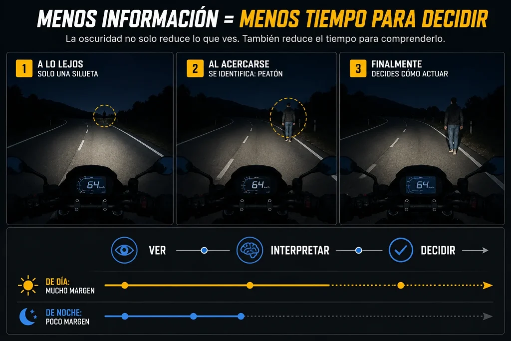 infografía sobre cómo la menor información visual de noche reduce el tiempo disponible para decidir en moto