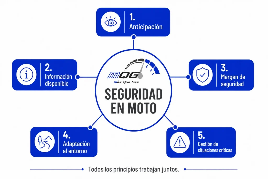 infografía con los cinco principios de la seguridad en moto anticipación margen capacidad de decisión adaptación y gestión de situaciones críticas