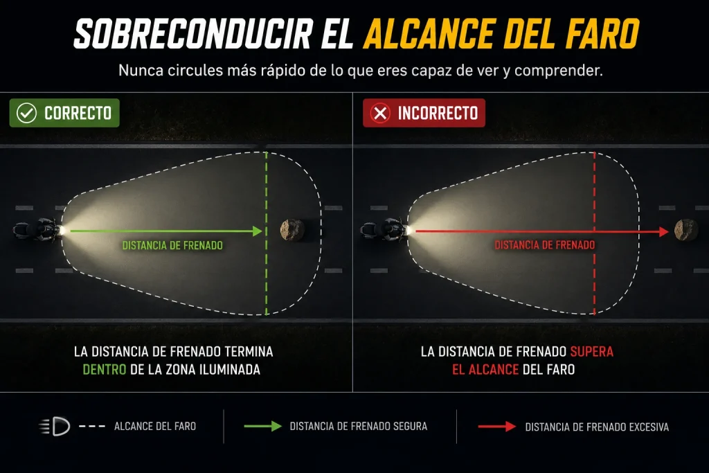 motorista sobreconduciendo el alcance del faro al circular de noche con una velocidad superior a la distancia visible
