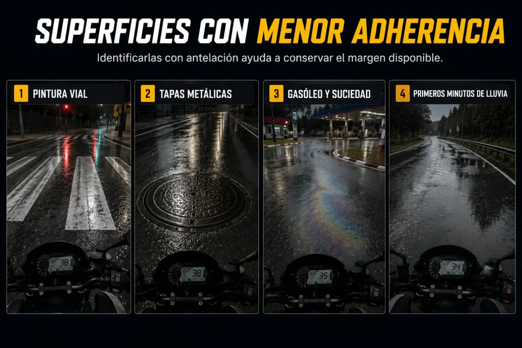 superficies con menor adherencia bajo la lluvia para una moto como pintura vial y tapas metálicas