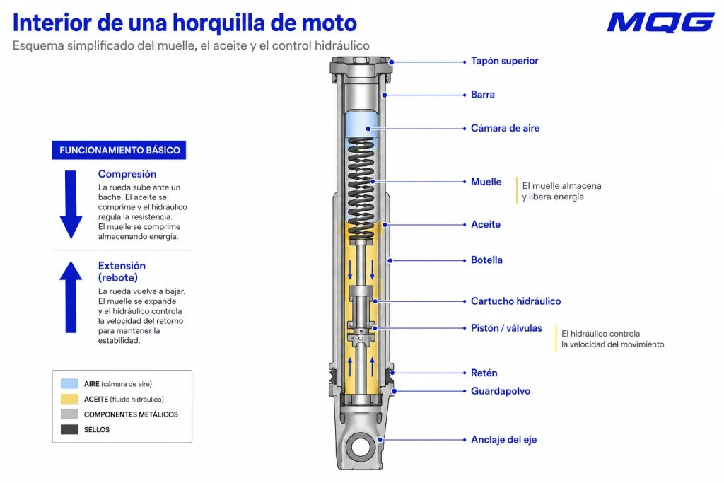 Esquema del interior de una horquilla de moto mostrando el muelle, el aceite y el cartucho hidráulico