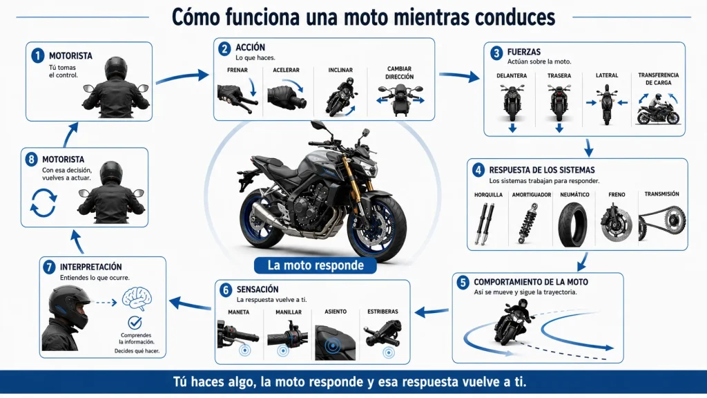 Esquema de cómo las acciones del motorista generan fuerzas y respuestas en los sistemas de una moto