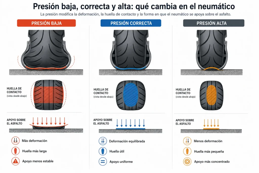 Comparativa de presión baja, correcta y alta en un neumático de moto y su huella de contacto