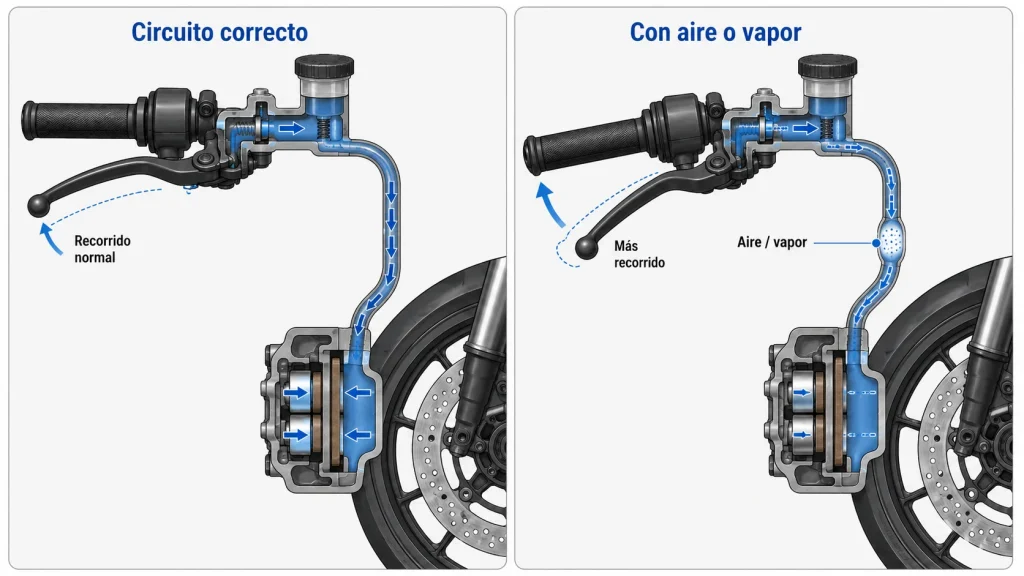 Comparativa del circuito de frenos de una moto sin vapor y con vapor por vapour lock