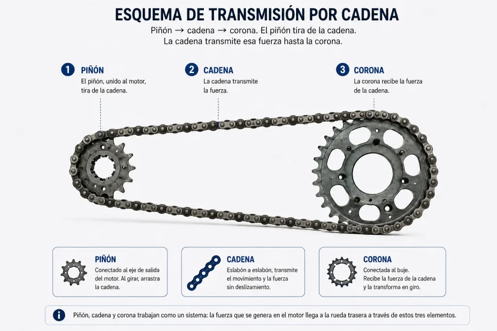 Piñón, cadena y corona que forman la transmisión secundaria de una moto