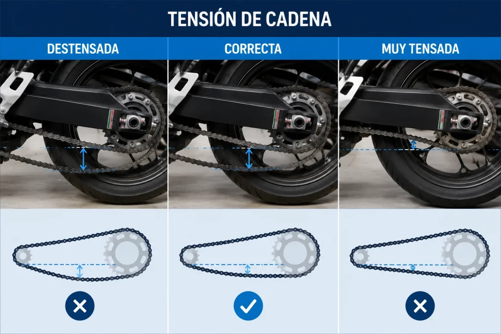 Comparativa de una cadena de moto demasiado tensa, con holgura correcta y demasiado floja