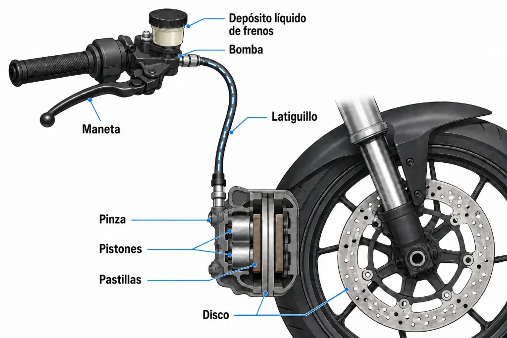 Esquema del sistema de freno delantero de una moto con maneta, bomba, latiguillo, pinza, pastillas y disco