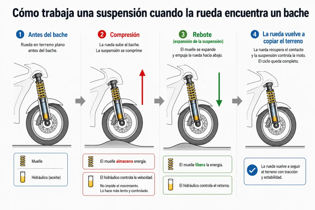Funcionamiento de la compresión y el rebote en una suspensión de moto al pasar por un bache