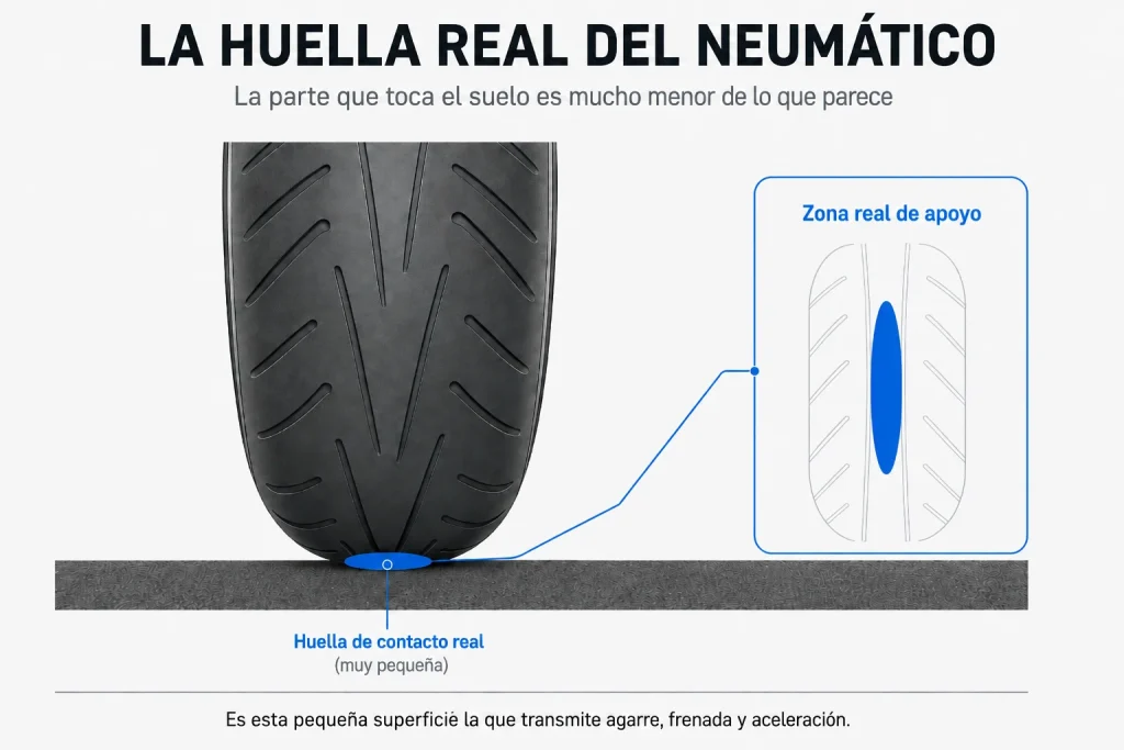Huella de contacto real de un neumático de moto con el asfalto
