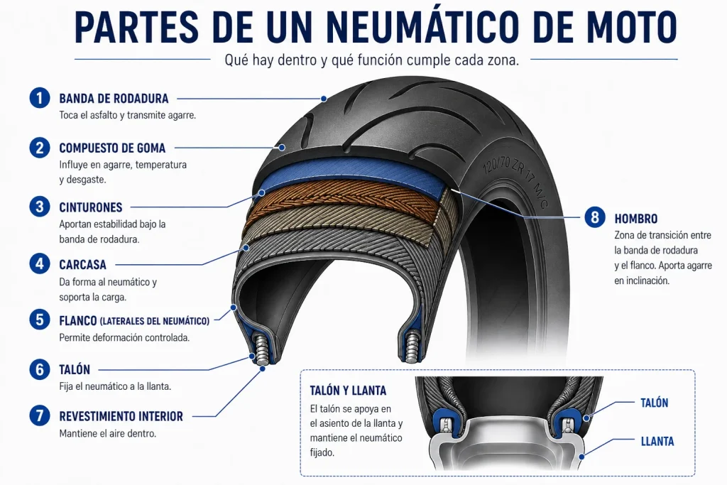 Partes de un neumático de moto: carcasa, flanco, banda de rodadura y talón