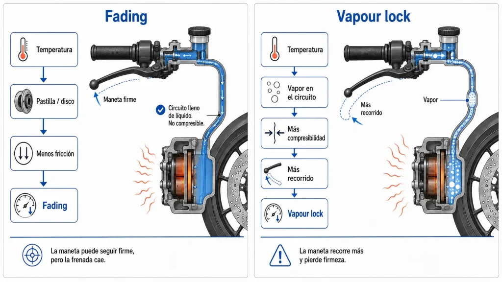 Comparativa entre fading y vapour lock en los frenos de una moto cuando aumenta la temperatura