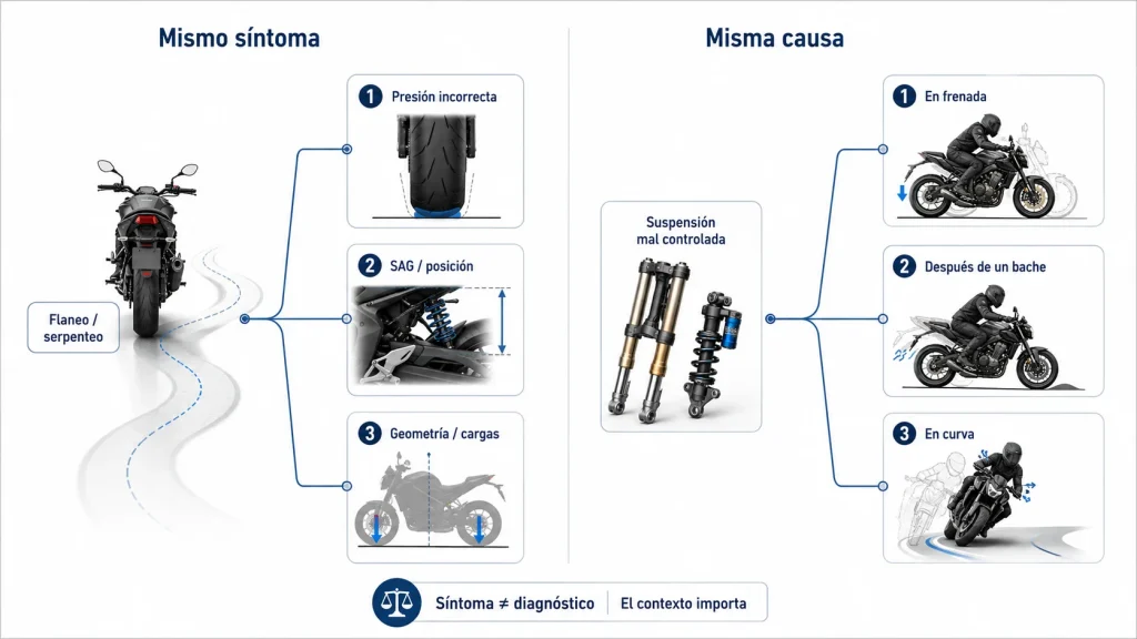 Comparativa de un mismo síntoma con diferentes causas y una misma causa con diferentes síntomas en una moto