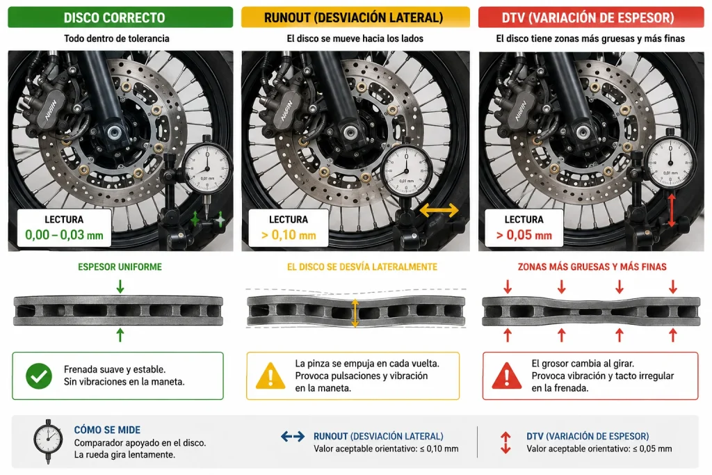 Comparativa de disco de freno de moto correcto, con runout y con variación de espesor DTV