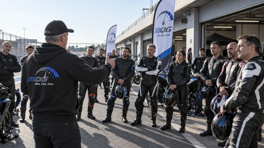 Briefing previo a una jornada de tandas de moto en circuito con los participantes reunidos en el pit lane