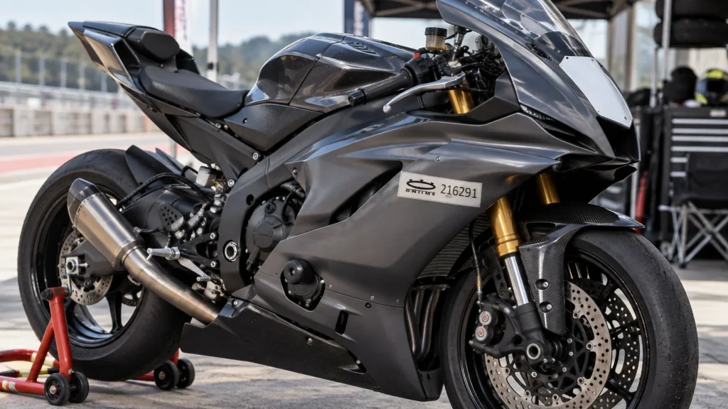 Moto preparada para circuito con pegatina de cronometraje durante una jornada de tandas