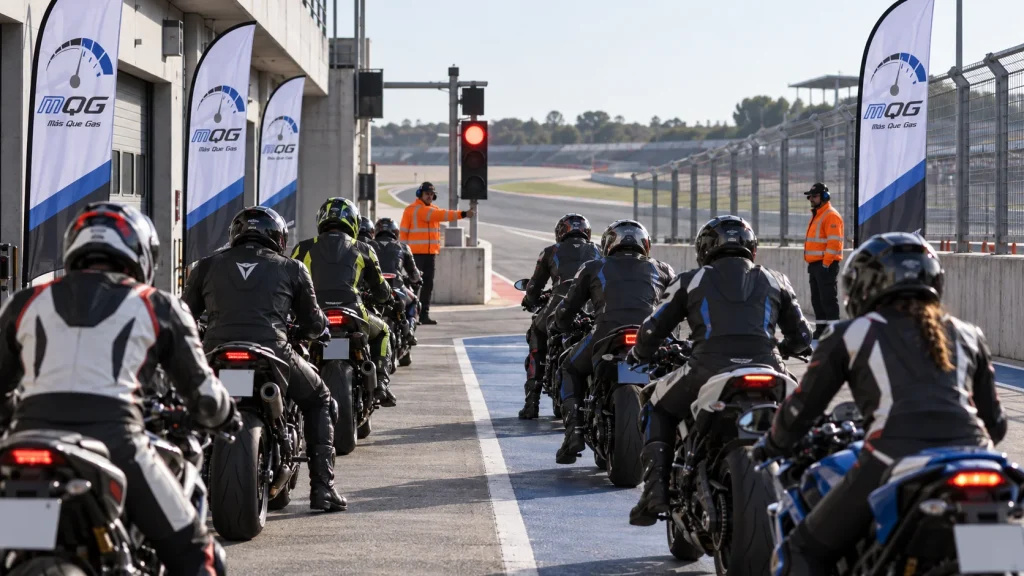 Grupo de motos esperando en el pit lane antes de entrar a pista durante una jornada de tandas en circuito