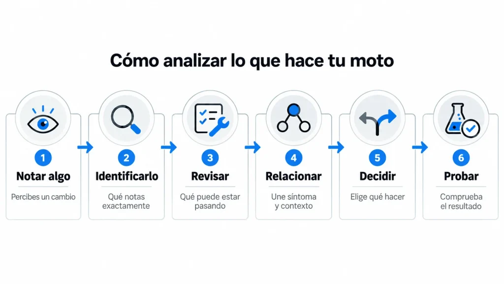 Infografía de cómo analizar el comportamiento de una moto en 6 pasos: notar, identificar, revisar, relacionar, decidir y probar