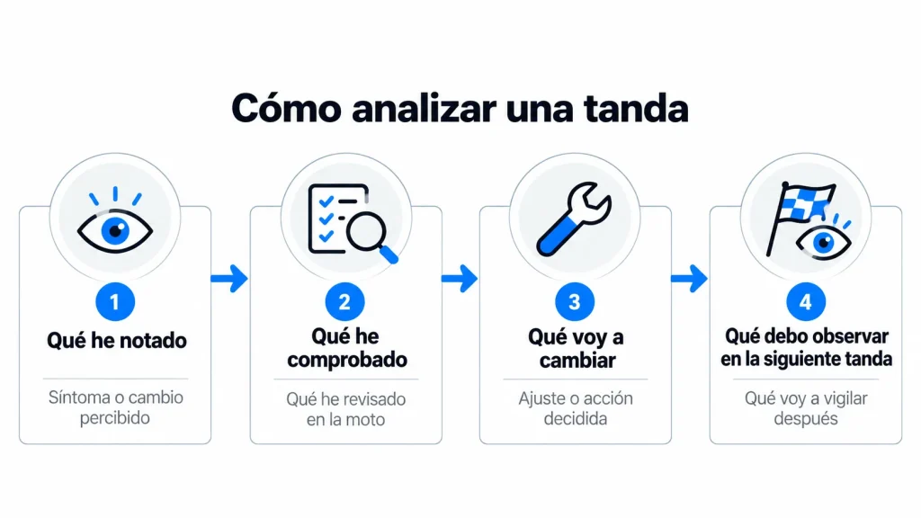 Cómo analizar una tanda de moto en circuito en 4 pasos: sensaciones, comprobaciones, ajustes y observación