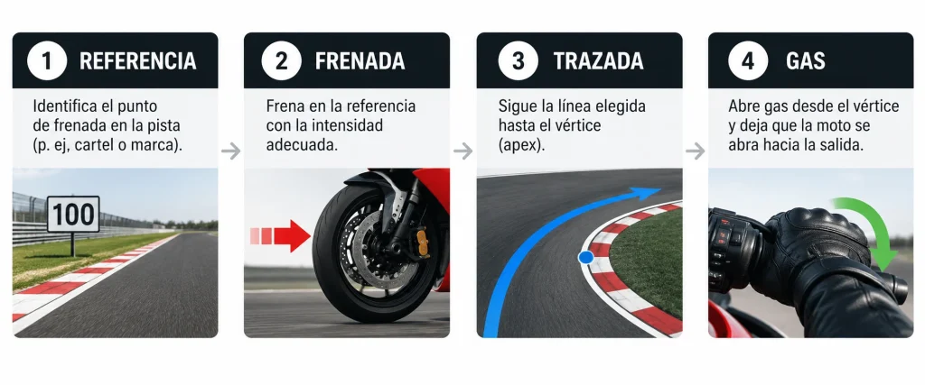 Cómo trazar curvas en moto en circuito: cuatro pasos con referencias, frenada, trazada y aceleración
