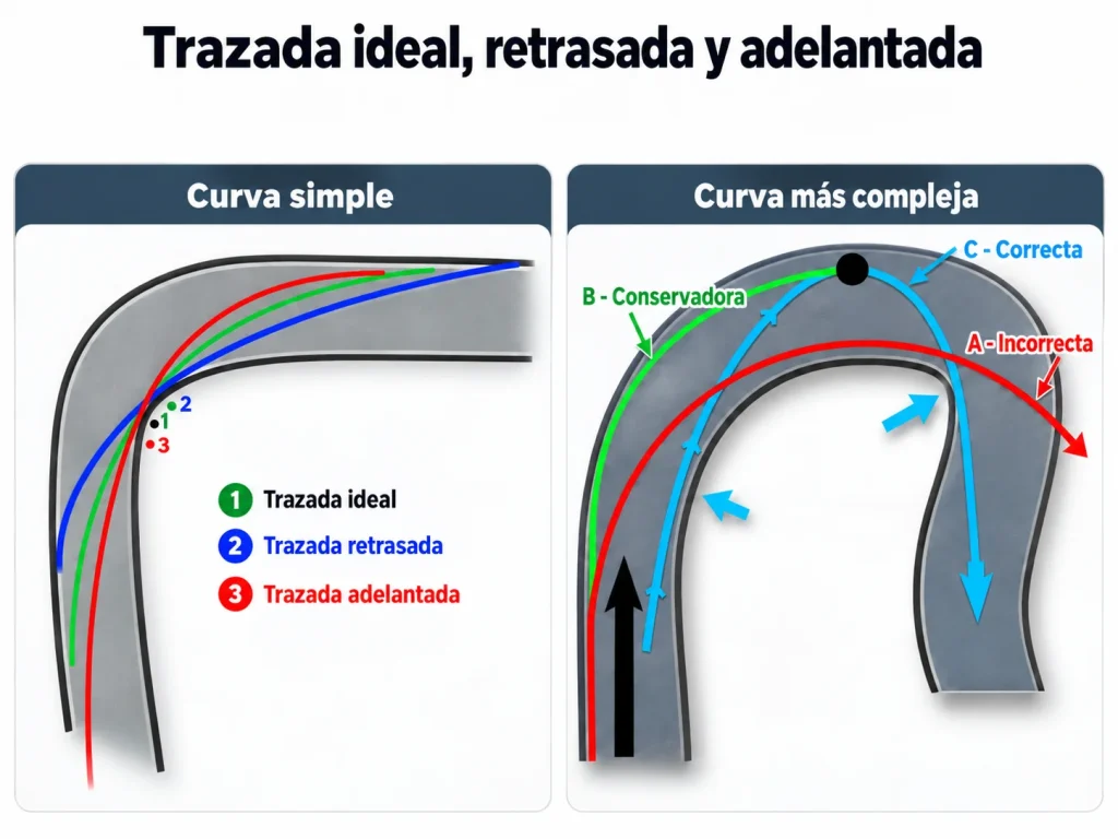 Comparativa de trazada ideal, retrasada y adelantada en curvas de moto, con diferentes trayectorias en circuito